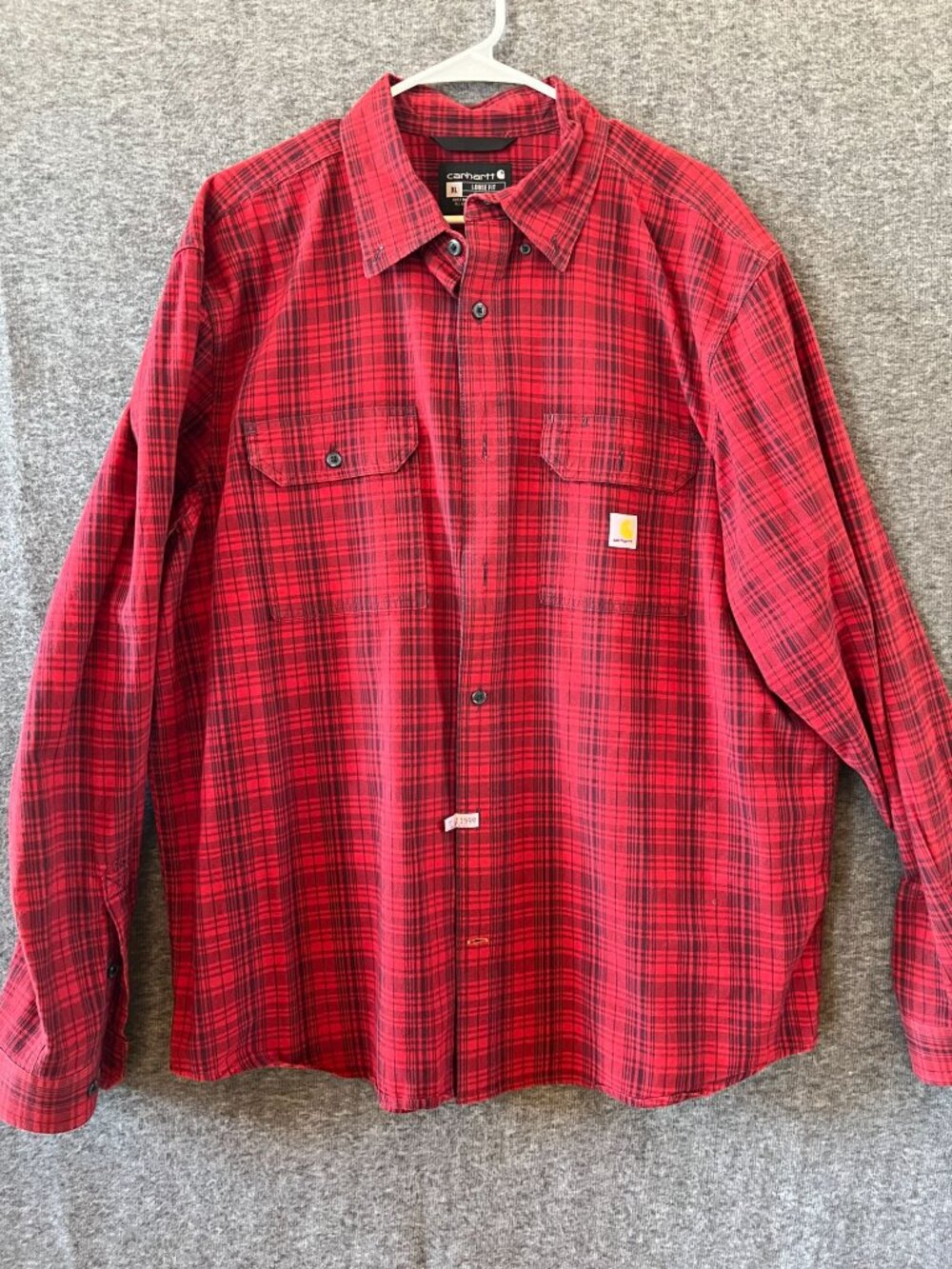 carhartt mens long sleeve button down red plaid loose fit XL heavy weight cotton